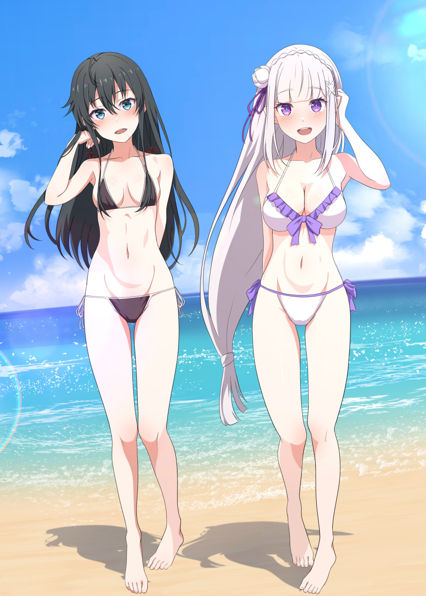 1girl 2girls absurdres arm_behind_back beach bikini black_bikini black_hair blue_eyes blush breasts camui1104 cleavage collarbone commentary_request crossover day dutch_angle emilia_(re:zero) flower frilled_bikini frills front-tie_bikini_top front-tie_top full_body groin hair_flower hair_ornament hair_ribbon hand_up highres horizon large_breasts legs lens_flare long_hair looking_at_viewer multiple_girls navel ocean outdoors pointy_ears purple_eyes purple_ribbon re:zero_kara_hajimeru_isekai_seikatsu red_ribbon ribbon sand shore side-tie_bikini_bottom sky small_breasts smile swimsuit thigh_gap white_bikini white_flower white_hair yahari_ore_no_seishun_lovecome_wa_machigatteiru. yukinoshita_yukino