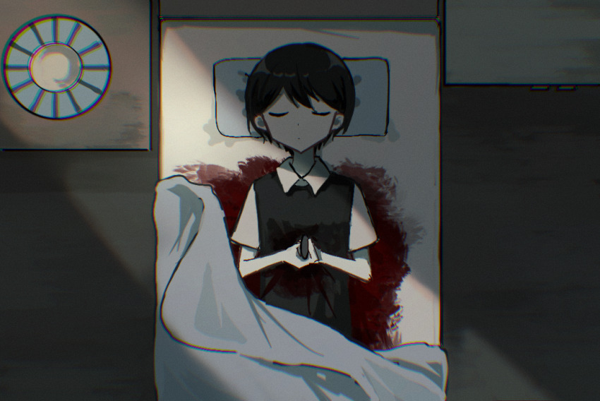 1boy bare_shoulders bedroom black_hair black_vest blood blood_on_clothes blood_stain chinese_commentary closed_eyes closed_mouth collared_shirt commentary_request day desk_lamp dot_nose expressionless from_above holding holding_knife indoors knife lamp lying male_focus nightstand omori on_back on_bed pale_skin pillow shirt short_hair short_sleeves solo stab suicide sunlight sunny_(omori) under_covers upper_body vest white_shirt xingxunyou