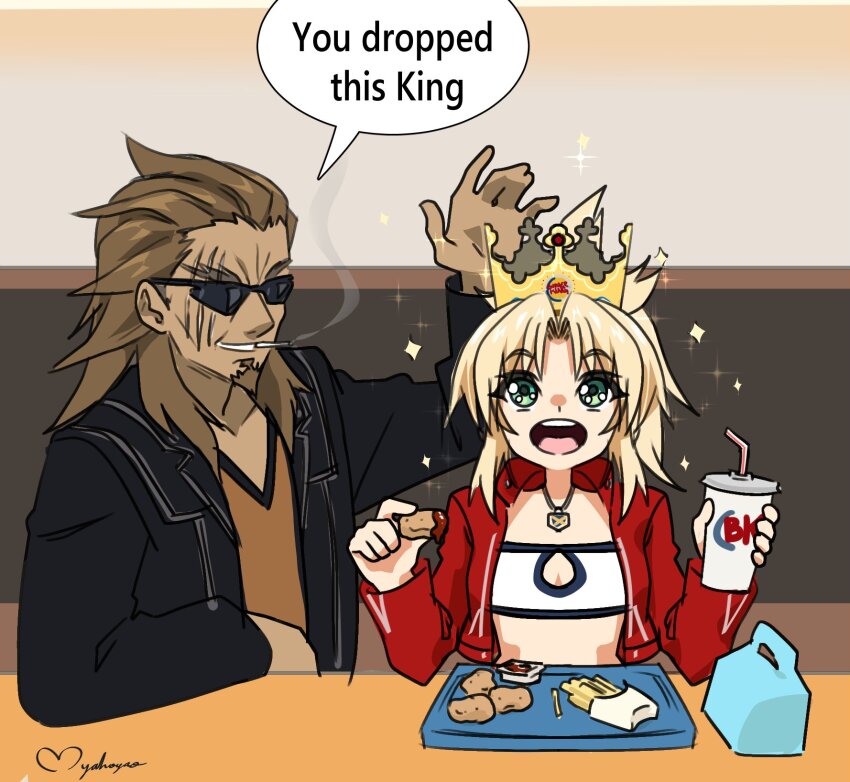 1boy 1girl black_jacket blonde_hair breasts burger_king crown english_text fate/apocrypha fate_(series) food green_eyes highres holding holding_food jacket maho_malice meme mordred_(fate) mordred_(fate/apocrypha) open_mouth ponytail red_jacket scar shishigou_kairi sidelocks signature small_breasts smile sparkle tagme