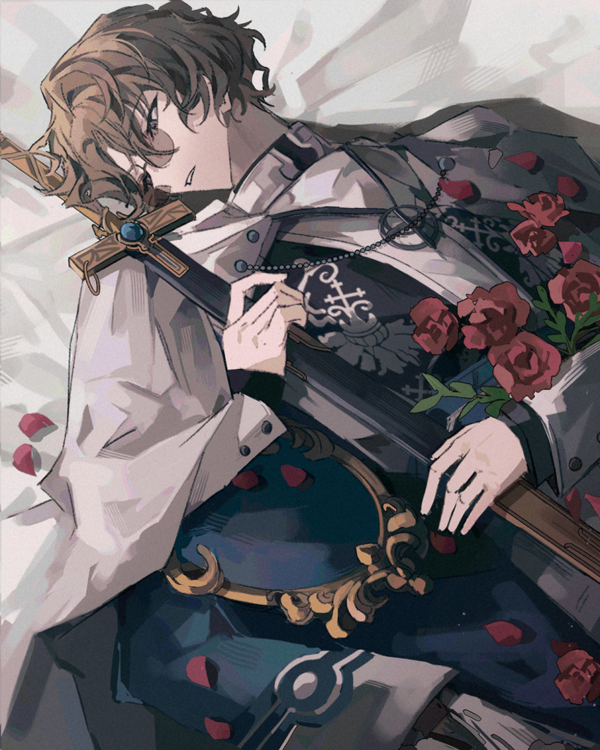 1boy bed_sheet brown_hair cross faust_lavinia flower glasses highres krank long_sleeves looking_to_the_side lying mahoutsukai_no_yakusoku male_focus mirror on_back purple_eyes red_flower red_rose rose short_hair solo wavy_hair