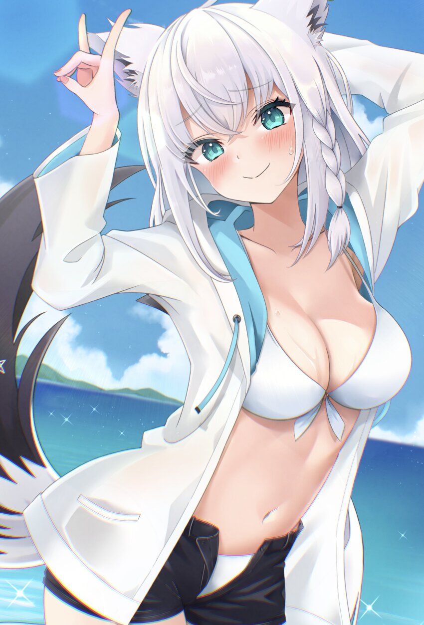 1girl absurdres animal_ear_fluff animal_ears arms_up bikini black_shorts blush braid breasts cleavage cloud cloudy_sky collarbone commentary_request day dutch_angle fox_ears fox_girl fox_shadow_puppet fox_tail green_eyes hair_between_eyes highres hololive hood hoodie long_hair looking_at_viewer medium_breasts mt_mozuku navel ocean outdoors pentagram shirakami_fubuki short_shorts shorts sidelocks single_braid sky smile solo sweat swimsuit tail virtual_youtuber white_bikini white_hair white_hoodie