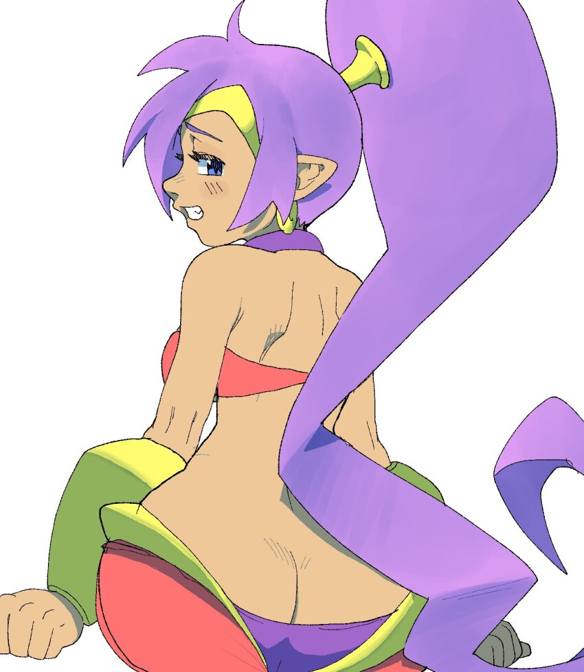 1girl ass bad_id bad_twitter_id big_hair black_panties blue_eyes butt_crack choker curvy dark-skinned_female dark_skin earrings from_behind harem_pants highres jewelry long_hair looking_at_viewer nervous_smile panties pants pointy_ears purple_hair shantae shantae_(series) shoulder_blades simple_background sitting smile solo tiara underwear very_long_hair wide_hips zzzzz_(guzt4v0)