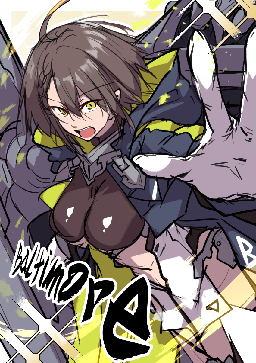 1girl absurdres ahoge azur_lane baltimore_(azur_lane) blue_coat braid breasts brown_hair character_name coat gloves highres large_breasts looking_at_viewer open_mouth oriue_wato reaching reaching_towards_viewer short_hair sketch solo white_gloves yellow_eyes