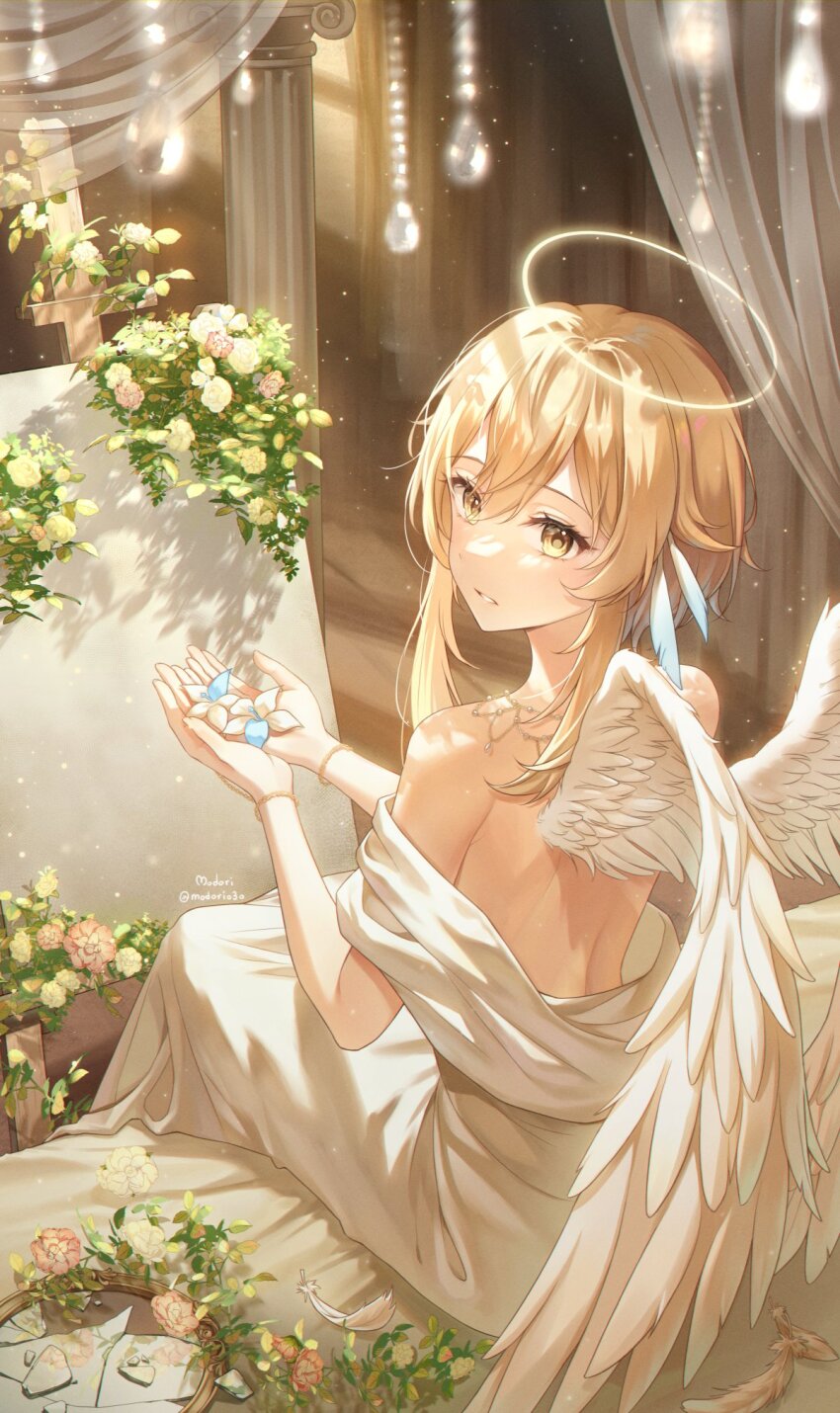 1girl angel armlet bare_back bare_shoulders blonde_hair canvas_(object) curtains dress easel feather_hair_ornament feathers flower genshin_impact gloria_(gloriao3o) hair_ornament halo highres jewelry lily_(flower) looking_back lumine_(genshin_impact) necklace parted_lips short_hair_with_long_locks sitting solo white_dress white_flower white_wings wings yellow_eyes