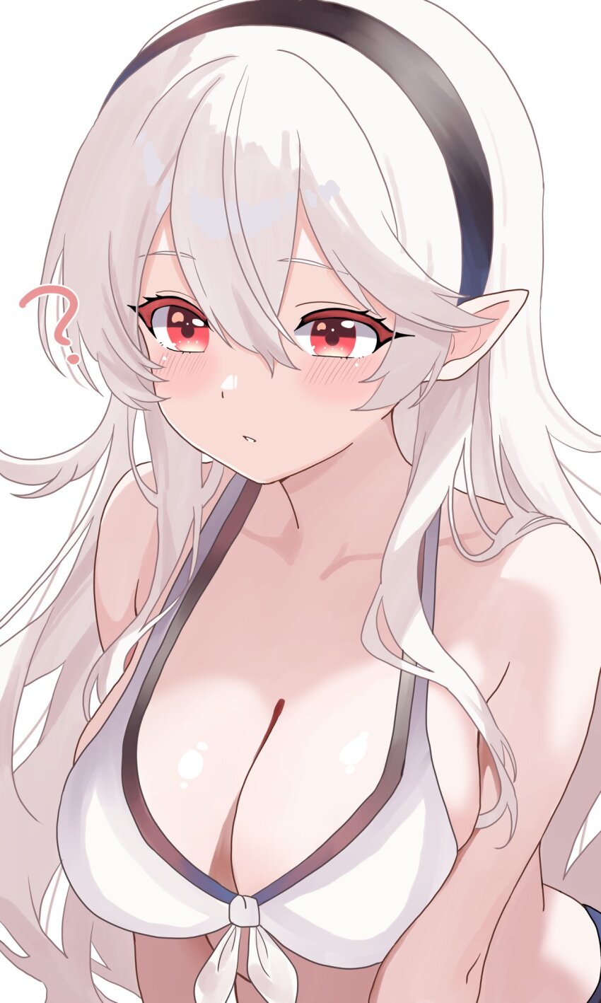 1girl ? bare_shoulders bikini black_hairband blush breasts cleavage corrin_(female)_(fire_emblem) corrin_(female)_(novice_vacationer)_(fire_emblem) corrin_(fire_emblem) fire_emblem fire_emblem_fates fire_emblem_heroes grey_hair hair_between_eyes hairband highres large_breasts n_54 nintendo official_alternate_costume parted_lips pointy_ears red_eyes solo swimsuit upper_body white_background