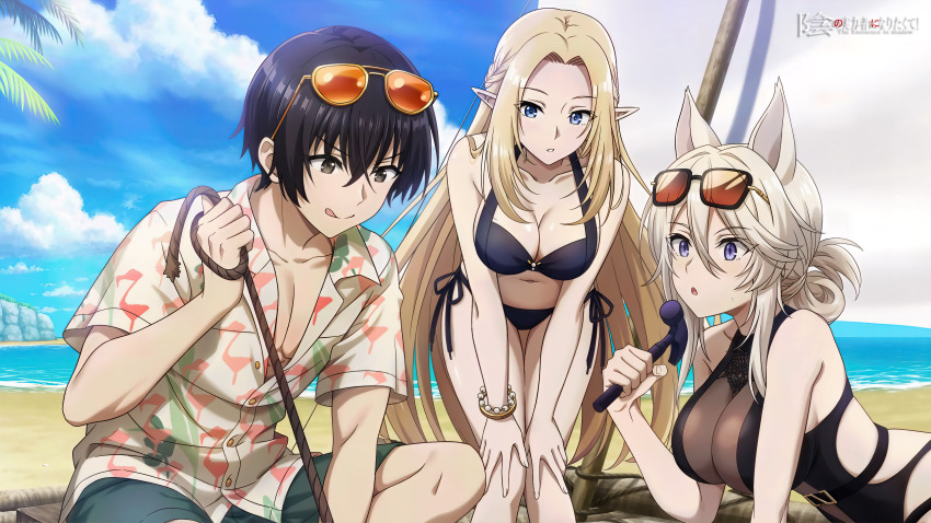 1boy 2girls absurdres alpha_(kage_no_jitsuryokusha_ni_naritakute!) animal_ears beach bend bikini black_bikini black_hair blonde_hair breasts cid_kagenou elf highres kage_no_jitsuryokusha_ni_naritakute! large_breasts medium_breasts multiple_girls official_art one-piece_swimsuit pointy_ears side-tie_bikini_bottom swimsuit white_hair zeta_(kage_no_jitsuryokusha_ni_naritakute!)