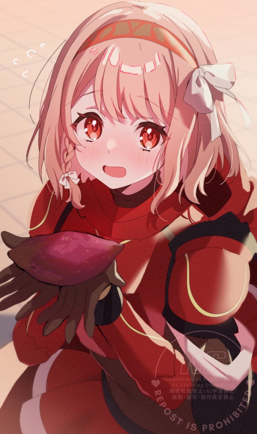 1girl armor blush bochi_(5hxm) braid fire_emblem fire_emblem_engage flying_sweatdrops food gloves hair_ribbon hairband highres holding holding_food holding_vegetable lapis_(fire_emblem) looking_at_viewer nintendo open_mouth pink_hair red_armor red_eyes ribbon side_braid solo sweet_potato tile_floor tiles vegetable watermark white_ribbon