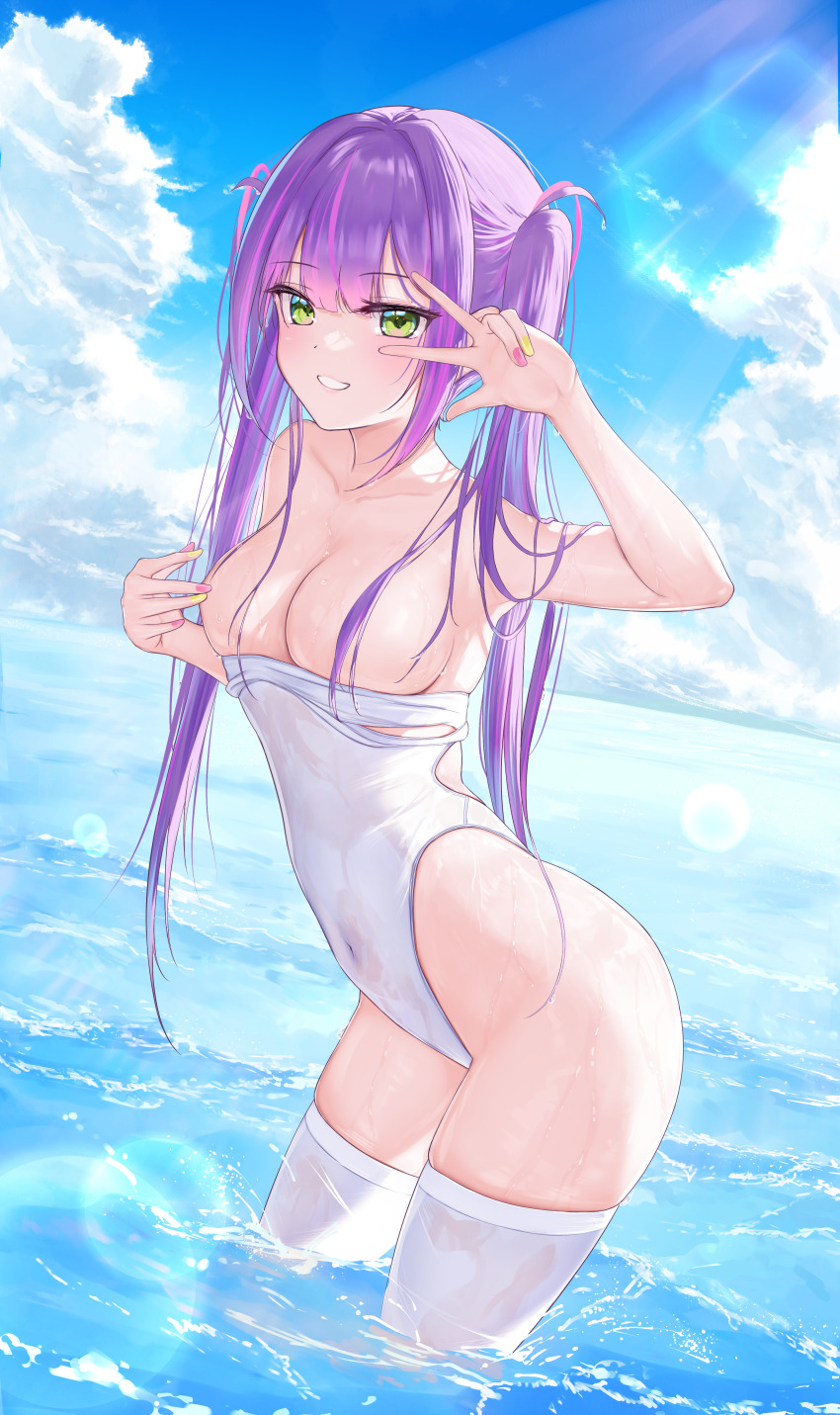 1girl absurdres bare_shoulders blue_sky breasts breasts_out cloud collarbone commentary covered_navel dutch_angle green_eyes highres hololive large_breasts long_hair looking_at_viewer multicolored_hair navel ocean one-piece_swimsuit outdoors parted_lips pink_hair pink_nails purple_hair red_o7 see-through_clothes skindentation sky smile solo streaked_hair sunlight swimsuit symbol-only_commentary teeth thighhighs tokoyami_towa twintails virtual_youtuber w wading water wet white_one-piece_swimsuit white_thighhighs yellow_nails