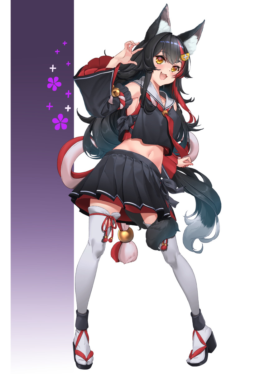 1girl :d absurdres animal_ear_fluff animal_ears black_hair black_skirt detached_sleeves fang full_body geta hair_between_eyes hair_ornament hairclip highres hololive long_hair looking_at_viewer multicolored_hair ookami_mio open_mouth pleated_skirt red_hair sagoromo_04 skin_fang skirt smile solo streaked_hair tail tail_around_own_leg tail_wrap thighhighs virtual_youtuber white_thighhighs wolf_ears wolf_girl wolf_tail yellow_eyes