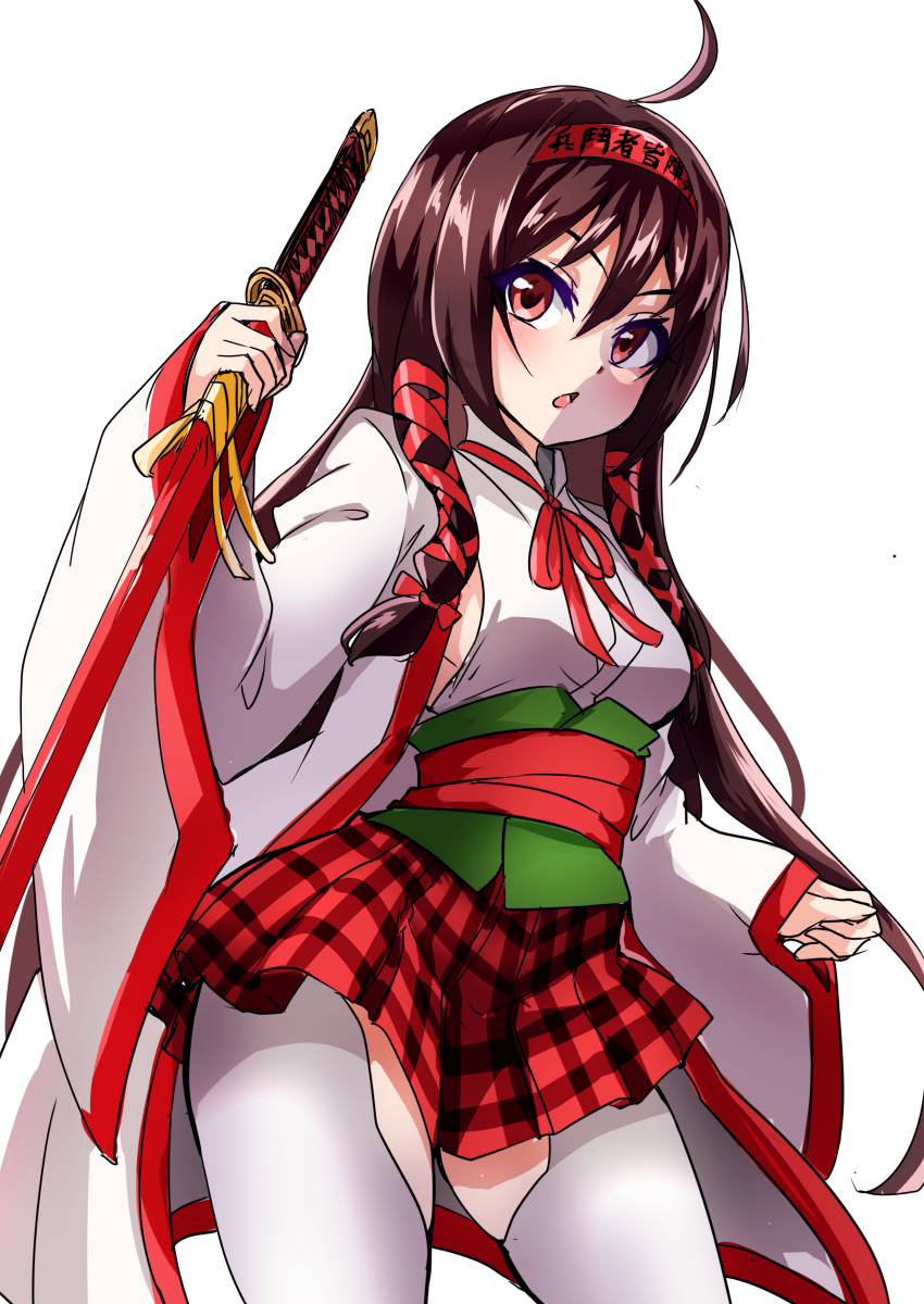 1girl absurdres ahoge arm_up bolobolo brown_hair clothing_cutout commentary haori headband highres holding holding_sword holding_weapon japanese_clothes kuji_kanesada_(tenka_hyakken) long_hair long_sleeves low-tied_sidelocks obi okobo open_mouth plaid_clothes plaid_skirt platform_sandals pleated_skirt red_eyes red_headband red_ribbon ribbon sandals sash scabbard sheath sheathed skirt solo standing sword tachi_(weapon) tenka_hyakken thigh_cutout thighhighs v-shaped_eyebrows weapon white_background white_thighhighs wide_sleeves