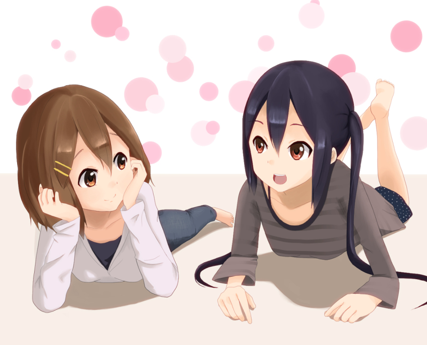 2girls barefoot black_hair breasts brown_eyes brown_hair closed_mouth dot_nose female_focus full_body hair_between_eyes hair_ornament hairclip hirasawa_yui k-on! long_hair long_sleeves lying multiple_girls nakano_azusa no_shoes no_socks open_mouth pants shirt sizupu555 small_breasts smile striped_clothes striped_shirt teeth twintails