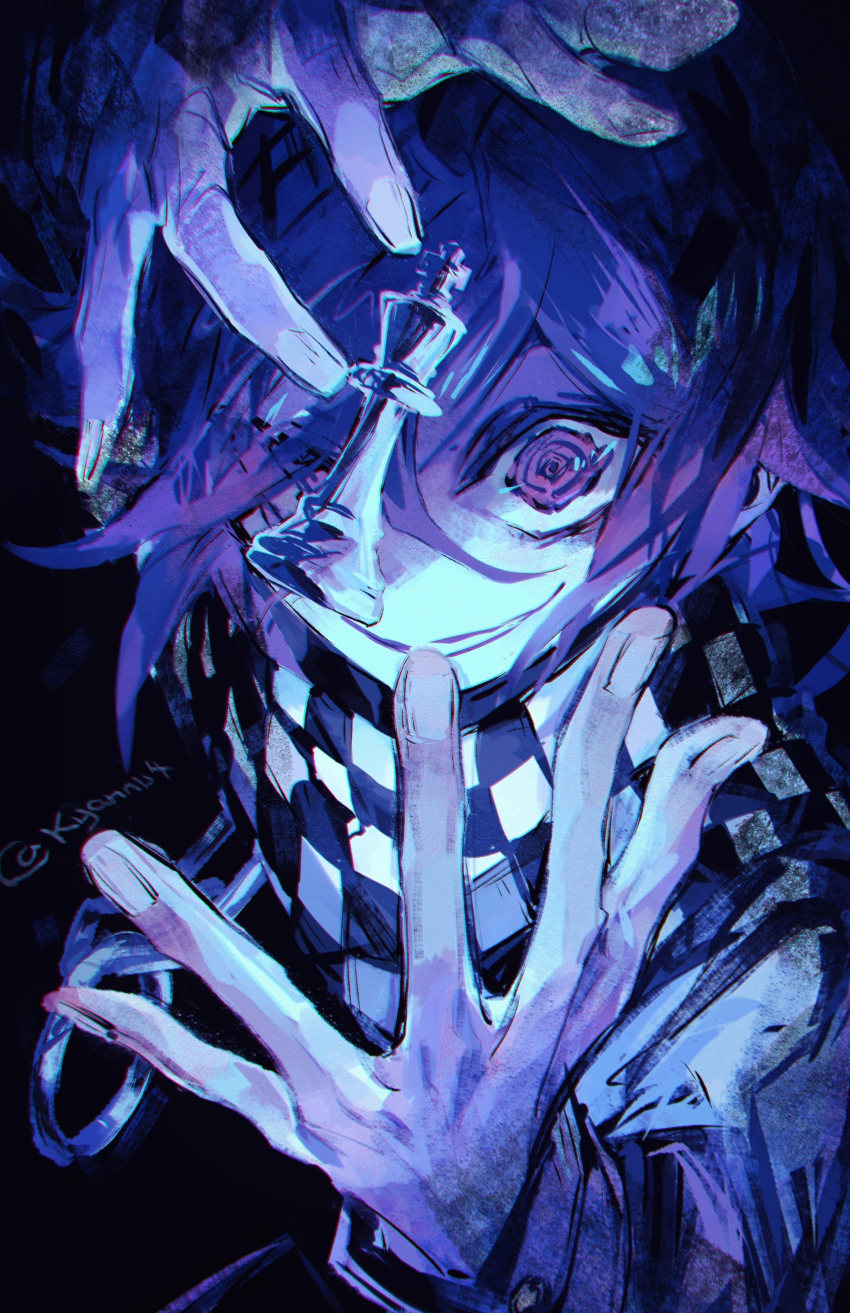 1boy absurdres black_background checkered_clothes checkered_scarf chess_piece crazy_eyes crazy_smile danganronpa_(series) danganronpa_v3:_killing_harmony flipped_hair floating floating_object foreshortening grin hair_between_eyes half-closed_eye highres king_(chess) kyannu long_sleeves looking_at_viewer male_focus oma_kokichi purple_eyes purple_hair ringed_eyes scarf short_hair simple_background smile solo twitter_username upper_body