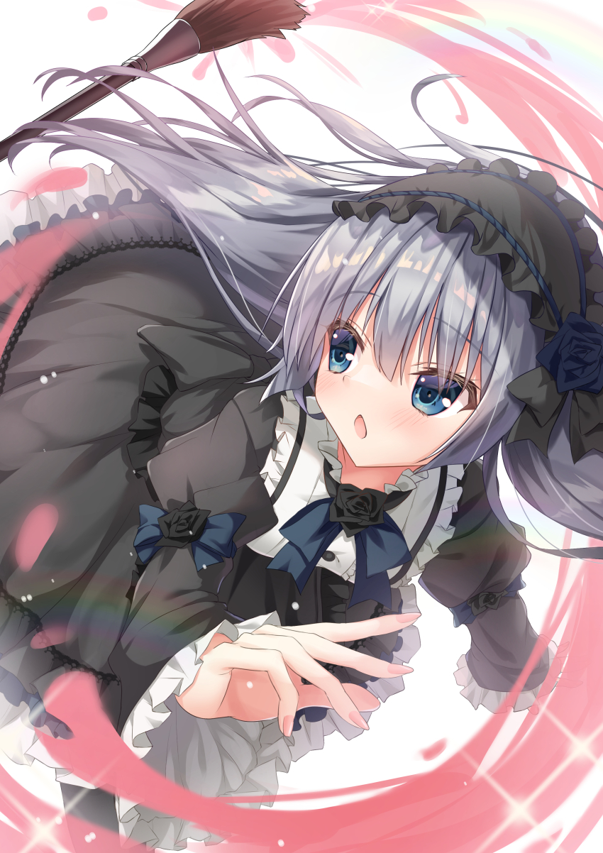 1girl :o absurdres black_bow black_dress black_flower black_hairband black_rose blue_bow blue_bowtie blue_eyes blush bow bowtie commentary dress dress_flower eyes_visible_through_hair fingernails floating_hair flower frilled_dress frilled_hairband frilled_sleeves frills gothic_lolita grey_hair hair_between_eyes hair_bow hair_flower hair_ornament hairband highres juliet_sleeves karuru634 leaning_forward lolita_fashion long_hair long_sleeves looking_back neck_flower open_mouth paint_splatter paintbrush puffy_sleeves rose sakura_no_uta simple_background sleeve_bow solo sparkle sui_(sakura_no_uta) white_background wide_sleeves