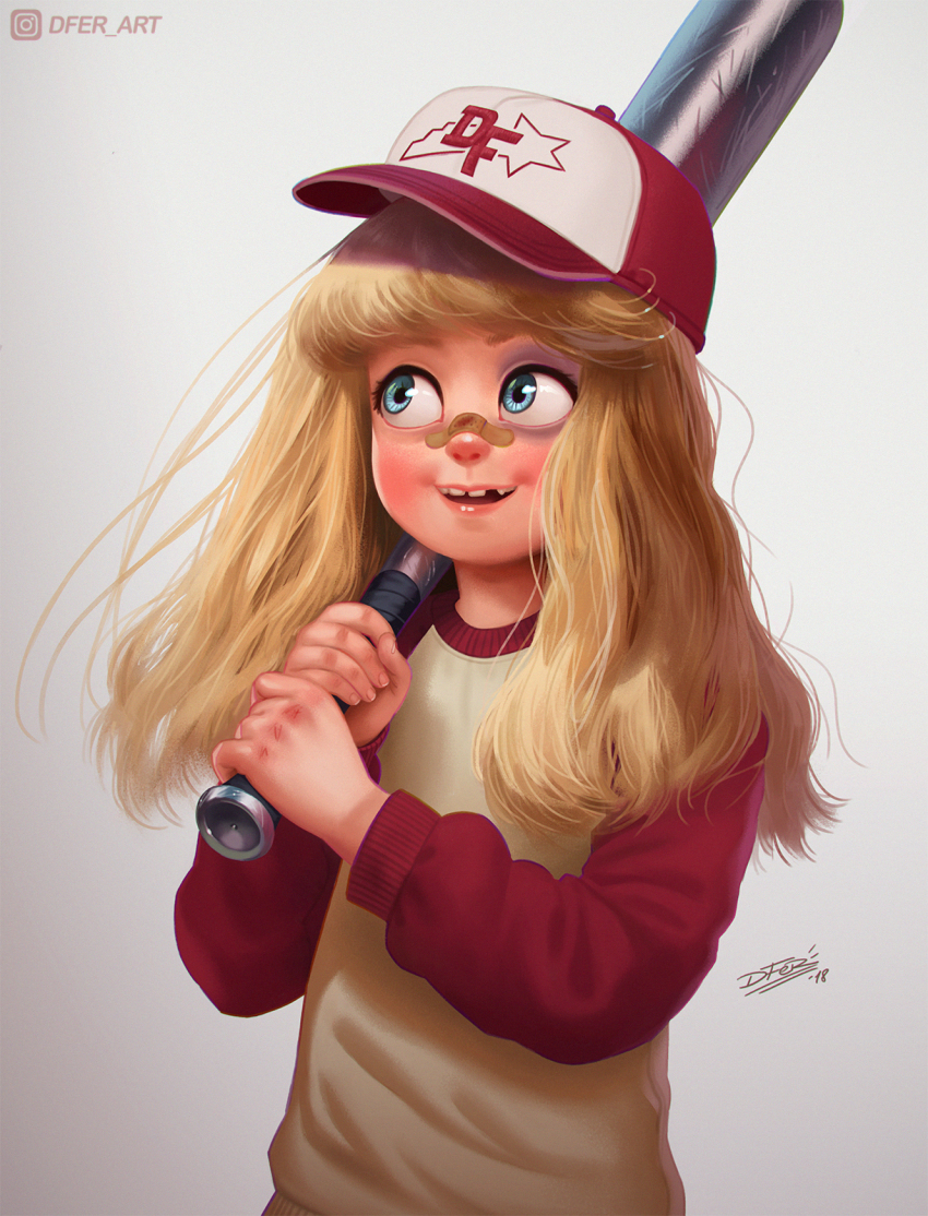 10s 1girl 2018 bandaid bandaid_on_face bandaid_on_nose baseball baseball_bat baseball_cap blonde_hair blue_eyes blush grey_background hat holding holding_baseball_bat idfer long_hair long_sleeves looking_to_the_side missing_tooth open_mouth original print_headwear raglan_sleeves red_hat red_shirt shirt smile standing star_(symbol) star_print teeth upper_body