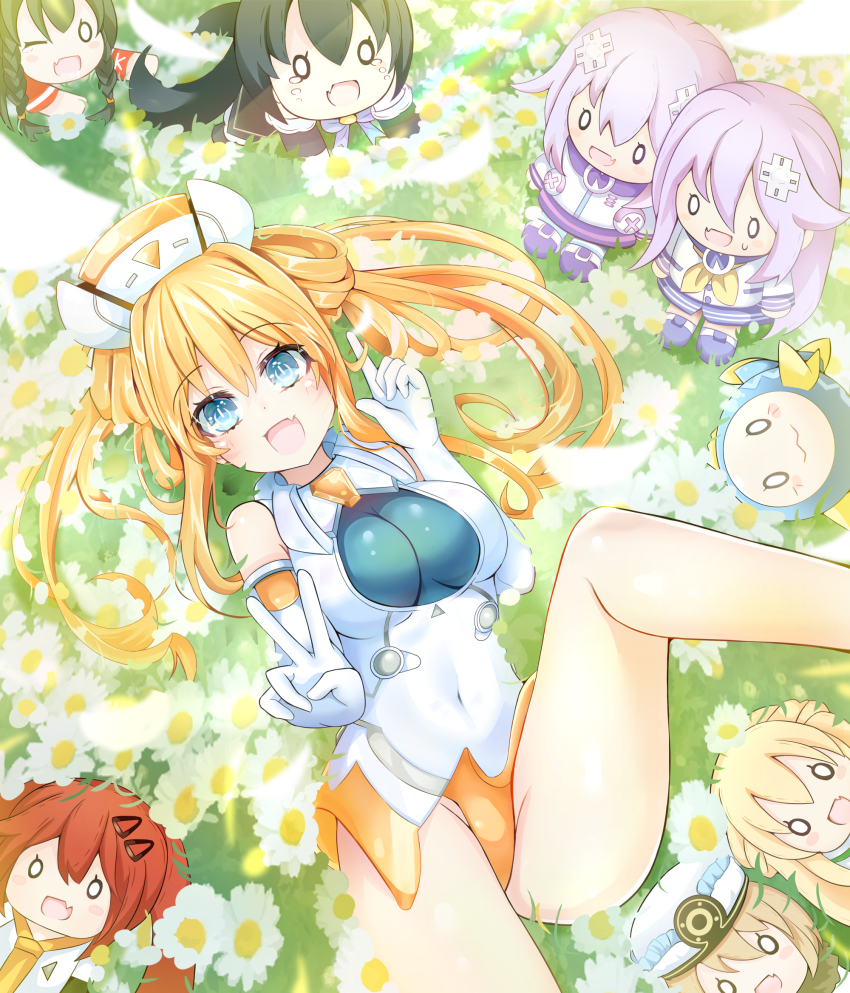 1girl bare_shoulders blue_eyes blush breasts character_doll covered_navel elbow_gloves giga-tera gloves hair_between_eyes hair_rings happy hat highres leotard long_hair looking_at_viewer medium_breasts neptune_(series) one_eye_closed open_mouth orange_hair orange_heart_(neptunia) power_symbol power_symbol-shaped_pupils shield shin_jigen_game_neptune_vii skin_tight smile solo symbol-shaped_pupils twintails v white_gloves white_leotard