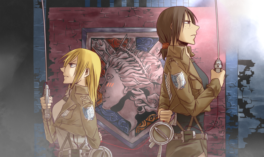 2girls back-to-back black_hair blonde_hair brown_hair krista_lenz emblem freckles jacket kaichou-sama multiple_girls shingeki_no_kyojin short_hair string string_of_fate sword three-dimensional_maneuver_gear weapon ymir_(shingeki_no_kyojin)