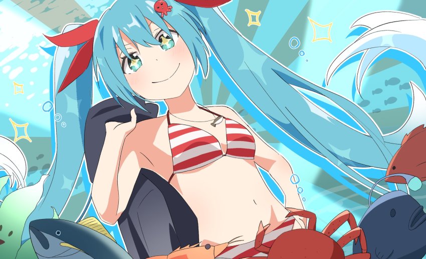 1girl air_bubble animal aqua_eyes aqua_hair bikini bow breasts bubble carrying_over_shoulder coat crab fish from_below hair_bow hand_on_own_hip hand_up hatsune_miku highres holding holding_unworn_clothes holding_coat holding_unworn_clothes jewelry kelp kuroiwa_brs looking_at_viewer midriff navel necklace octopus_hair_ornament red_bikini red_bow shrimp small_breasts smile solo sparkle sparkling_eyes striped_bikini striped_clothes swimsuit upper_body vocaloid wavy_hair white_hair yuki_miku yuki_miku_(2022)