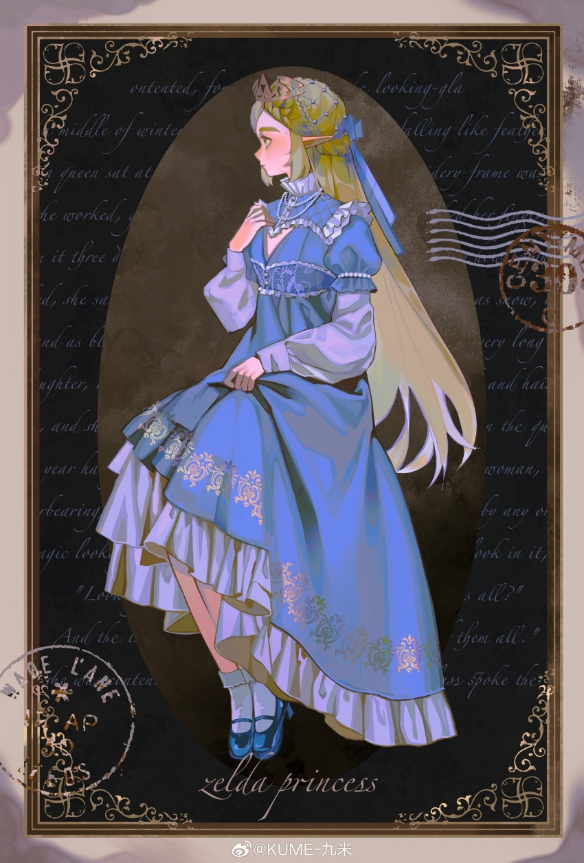 1girl absurdres alternate_costume alternate_hair_length alternate_hairstyle black_background blonde_hair blue_bow blue_dress border bow buttons chinese_commentary closed_mouth collared_dress commentary_request dress expressionless frilled_dress frilled_sleeves frills full_body gold_tiara green_eyes hair_bow half_up_half_down_braid hand_on_own_chest high_collar highres jiuminene layered_sleeves long_dress long_hair long_sleeves looking_to_the_side nintendo oval picture_frame pointy_ears princess_zelda puffy_long_sleeves puffy_short_sleeves puffy_sleeves purple_sleeves short_over_long_sleeves short_sleeves sitting solo stamp_mark straight_hair text_background the_legend_of_zelda the_legend_of_zelda:_tears_of_the_kingdom thick_eyebrows tiara veil very_long_hair weibo_watermark white_border