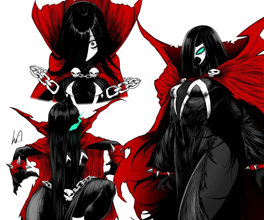 1girl absurdres black_hair bodysuit breasts cape chain claws comic_cover demon fire ghost_girl gloves glowing glowing_eyes green_eyes green_fire hair_over_face hair_over_one_eye highres image_comics large_breasts long_hair looking_at_viewer lughost magic mask red_cape skull solo spawn_(comic) spawn_(spawn) spawn_(spawn)_cosplay spikes superhero_costume the_ring very_long_hair yamamura_sadako