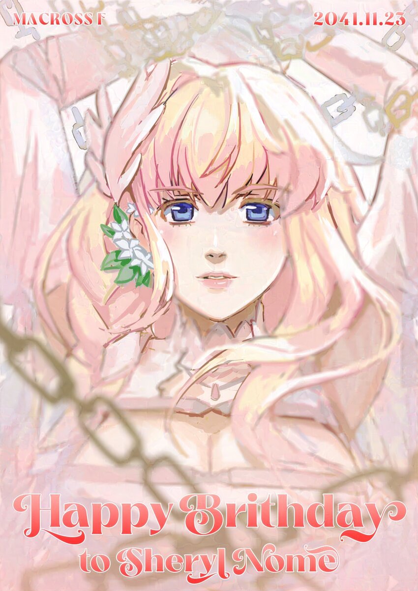 1girl arms_up birthday blonde_hair blue_eyes blunt_bangs blurry blurry_foreground blush breasts chain chained character_name cleavage cleavage_cutout clothing_cutout commentary copyright_name dated dress english_commentary feather_hair_ornament feathers hair_ornament happy_birthday high_collar highres large_breasts lips long_hair looking_at_viewer macross macross_frontier nekkikamille parted_lips pink_lips sheryl_nome sidelocks solo upper_body white_dress