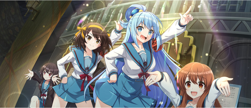 4girls aqua_(konosuba) asahina_mikuru blue_eyes blue_hair blue_sailor_collar blue_skirt bob_cut breasts brown_eyes brown_hair cosplay crossover game_cg hairband highres kita_high_school_uniform kono_subarashii_sekai_ni_shukufuku_wo! konosuba!_fantastic_days large_breasts long_hair long_sleeves looking_at_viewer matching_outfits medium_hair megumin multiple_girls official_art open_mouth orange_hairband outstretched_arms pleated_skirt pointing pointing_up red_ribbon ribbon sailor_collar school_uniform serafuku single_hair_ring skirt smile suzumiya_haruhi suzumiya_haruhi_(cosplay) suzumiya_haruhi_no_yuuutsu winter_uniform