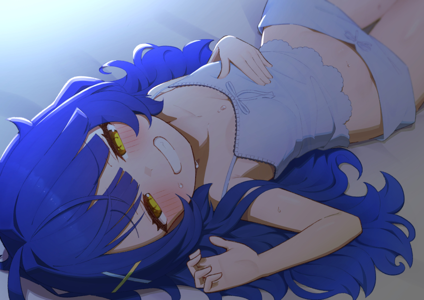 1girl absurdres amamiya_kokoro blue_hair blush breasts camisole hair_ornament hair_spread_out highres long_hair looking_at_viewer lunch_boxer lying navel nijisanji on_back short_shorts shorts small_breasts smile solo sweat thigh_gap virtual_youtuber x_hair_ornament yellow_eyes