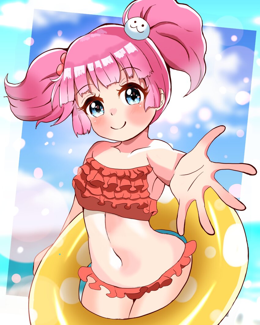 1girl absurdres bare_arms bare_shoulders bikini blue_eyes blush carrot_summer closed_mouth collarbone cowboy_shot eyelashes floating_hair highres innertube looking_at_viewer midriff namori_(character) navel outstretched_arm pink_hair red_bikini short_hair smile solo swim_ring swimsuit twintails yellow_innertube yoshikawa_chinatsu yuru_yuri