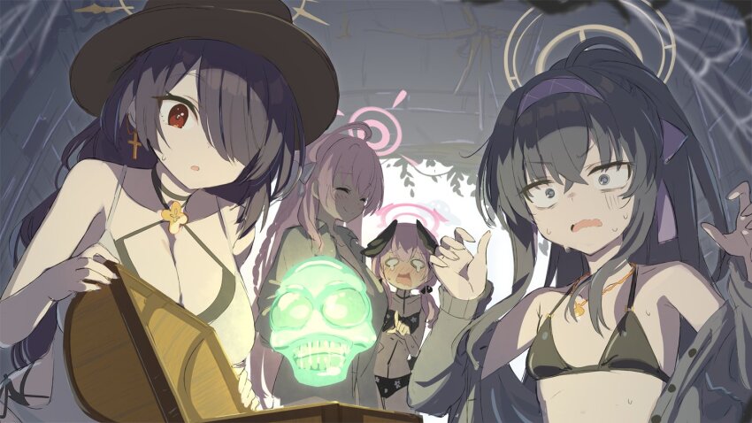 4girls ahoge bikini black_bikini black_hair black_wings blue_archive blush bow breasts cardigan closed_eyes collared_shirt cross cross_earrings crossed_bangs earrings gotyou grey_cardigan hair_bow hair_over_one_eye halo hanako_(blue_archive) hanako_(swimsuit)_(blue_archive) hat head_wings hinata_(blue_archive) hinata_(swimsuit)_(blue_archive) jewelry koharu_(blue_archive) koharu_(swimsuit)_(blue_archive) large_breasts long_hair multiple_girls nose_blush one-piece_swimsuit open_cardigan open_clothes open_mouth parted_lips pink_hair ponytail red_eyes shirt small_breasts smile sweat swimsuit treasure_chest ui_(blue_archive) ui_(swimsuit)_(blue_archive) very_long_hair white_bow wings