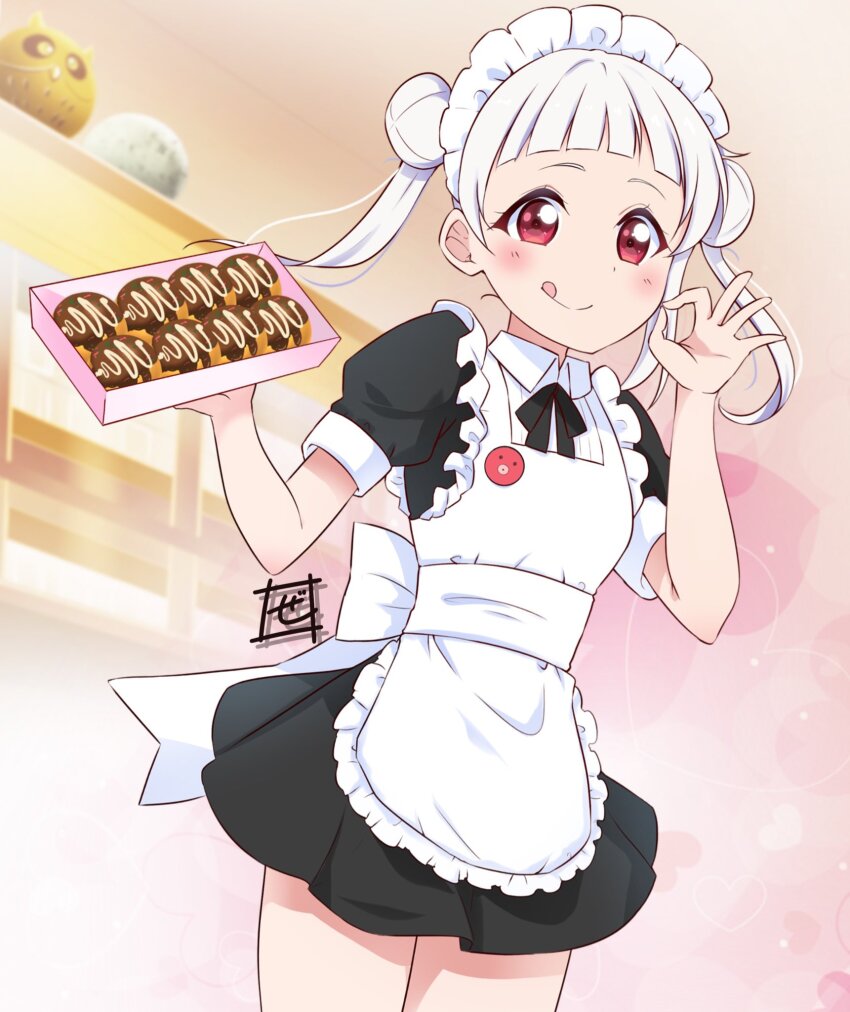 1girl :q alternate_costume apron arashi_chisato arched_bangs bird black_dress black_ribbon blush box closed_mouth commentary cowboy_shot double_bun dress enmaided food frilled_apron frills hair_bun highres holding holding_box holding_food looking_at_viewer love_live! love_live!_superstar!! maid maid_apron neck_ribbon ok_sign owl red_eyes ribbon short_dress smile solo split_mouth symbol-only_commentary takoyaki tongue tongue_out twintails white_apron white_hair zero-theme