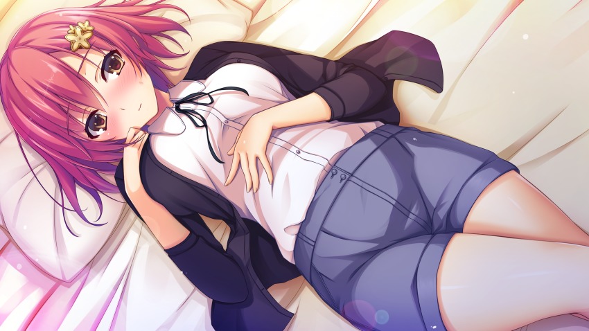 1girl 3: bed bed_sheet black_ribbon blue_shorts blush breasts brown_eyes closed_mouth collared_shirt crossed_legs dress_shirt eyebrows female_focus flower game_cg hair_flower hair_ornament hand_on_own_chest hand_on_own_stomach highres jacket katagiri_aika lens_flare light_particles looking_at_viewer lying medium_breasts neck_ribbon nervous nose_blush official_art on_back on_bed open_clothes open_jacket pillow pink_hair reminiscence ribbon shirt short_hair shorts solo sweatdrop tomose_shunsaku white_shirt