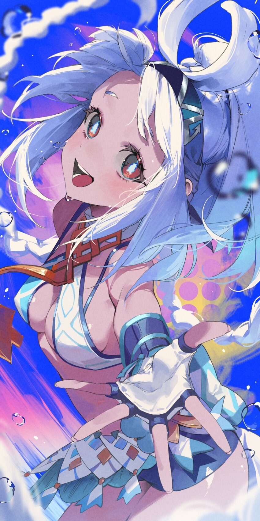 1girl absurdres bare_shoulders bikini blue_bikini blue_hair blue_hairband blue_skirt body_markings breasts cleavage fingerless_gloves fish-shaped_pupils from_above g5_(g5_gugu) genshin_impact gloves hairband hawaiian_clothes highres korean_commentary light_blue_hair long_hair medium_breasts mualani_(genshin_impact) open_mouth outstretched_hand ponytail purple_background reaching reaching_towards_viewer red_eyes skirt solo swimsuit tan water wet white_hair