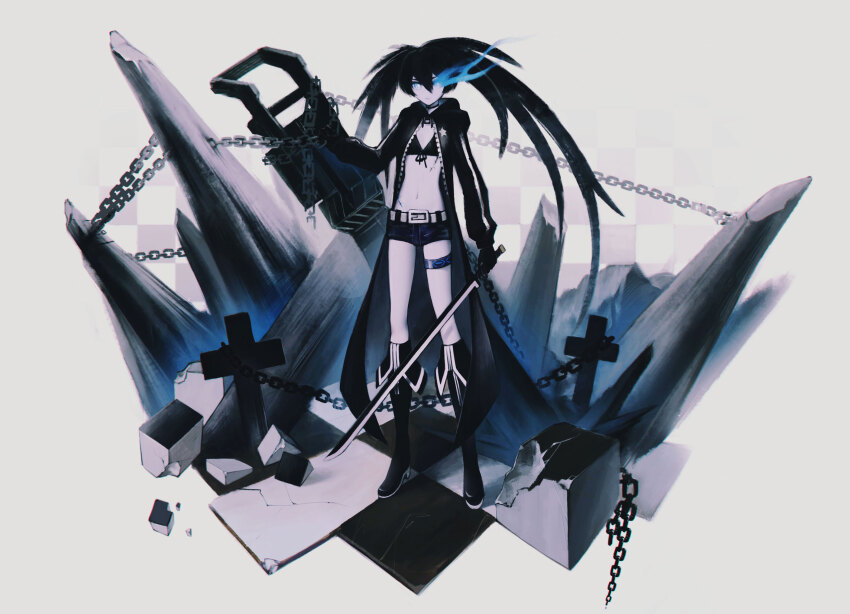 1girl absurdres belt bikini black_coat black_footwear black_gloves black_hair black_rock_shooter black_rock_shooter_(character) black_shorts blue_eyes blue_fire boots chain checkered_floor coat cross fire flaming_eye gloves highres long_hair ly_(pixiv13839236) no_shirt pale_skin rock_cannon scar shorts swimsuit twintails uneven_twintails