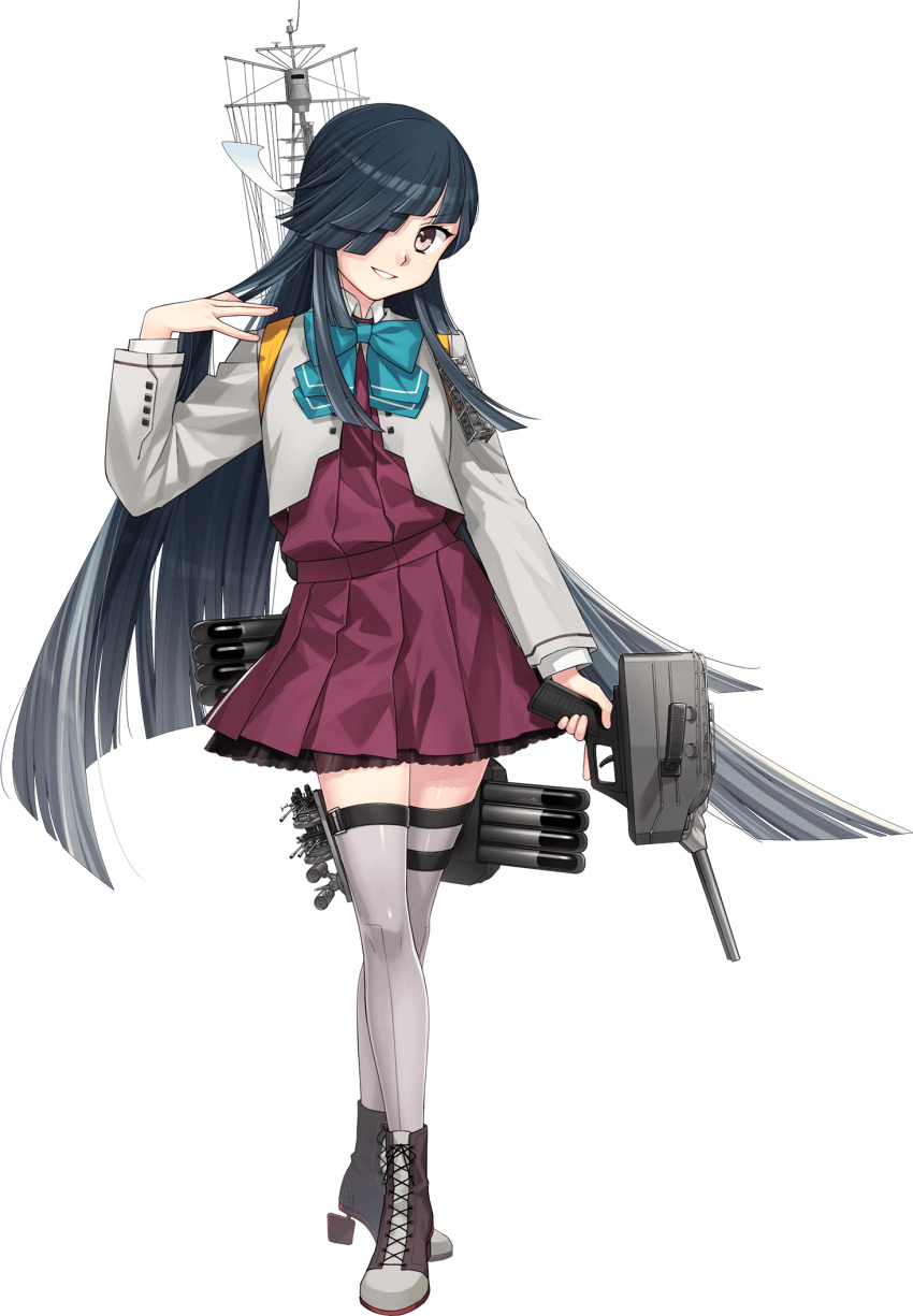 1girl aqua_bow black_hair boots bow bowtie brown_eyes cross-laced_footwear dress fujikawa full_body hair_over_one_eye hair_ribbon hayashimo_(kancolle) hayashimo_kai_ni_(kancolle) highres hime_cut kantai_collection lace-up_boots long_hair long_sleeves looking_at_viewer machinery official_art open_mouth pleated_dress ribbon school_uniform skirt smile solo thighhighs torpedo torpedo_launcher torpedo_tubes transparent_background very_long_hair white_ribbon