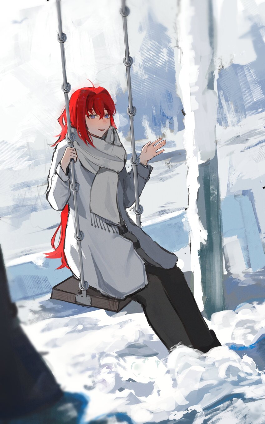 1girl absurdres aozaki_aoko black_footwear black_pants blue_eyes boots coat hair_intakes highres light_smile long_hair long_sleeves looking_at_viewer mahou_tsukai_no_yoru pants red_hair salsa_dance scarf smile snow swing swinging type-moon very_long_hair white_coat white_scarf winter winter_clothes winter_coat