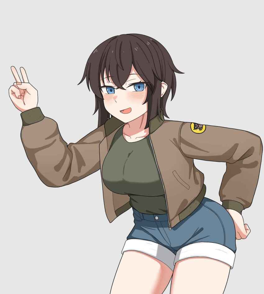 atamonica blue_eyes bomber_jacket breasts brown_hair denim denim_shorts green_shirt highres jacket non-web_source original shirt shorts