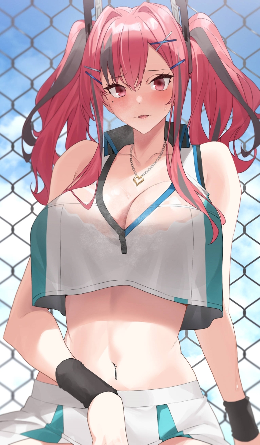 1girl azur_lane blouse blue_sky bra breasts bremerton_(azur_lane) bremerton_(scorching-hot_training)_(azur_lane) chain-link_fence cleavage crop_top crop_top_overhang fence green_shirt grey_hair hair_ornament heart heart_necklace highres large_breasts looking_at_viewer midriff mole mole_under_eye multicolored_hair navel_piercing necklace official_alternate_costume outdoors piercing pink_eyes pink_hair raitho see-through_clothes see-through_shirt shirt sky sleeveless sleeveless_shirt solo sportswear streaked_hair tennis_uniform twintails two-tone_hair two-tone_shirt two-tone_skirt underwear white_bra white_shirt wristband x_hair_ornament