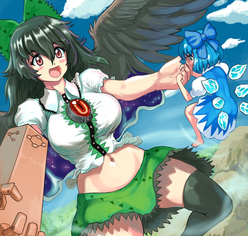 2girls :d absurdres arm_cannon barefoot bird_wings black_hair black_thighhighs black_wings blue_bow blue_dress blue_hair blush bow breasts cirno cloud commentary detached_wings dress english_commentary green_bow green_skirt hair_between_eyes hair_bow highres large_breasts long_hair looking_at_viewer multiple_girls navel open_mouth outdoors profitshame red_eyes reiuji_utsuho shirt short_hair skirt smile thighhighs third_eye touhou weapon white_shirt wings