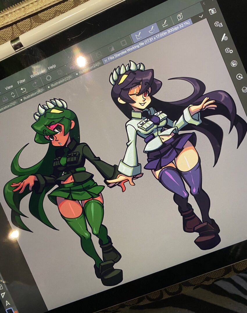 2girls dark-skinned_female dark_skin filia_(skullgirls) fukua_(skullgirls) highres madamerinrin multiple_girls navel necktie one_eye_closed red_eyes samson_(skullgirls) shirt skirt skullgirls smile stomach thighs unfinished