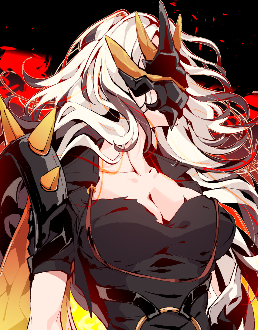 1girl aer007580 black_shirt breasts cleavage fire genderswap genderswap_(mtf) highres honkai_(series) honkai_impact_3rd kalpas_(honkai_impact) large_breasts long_hair looking_to_the_side mask o-ring shirt short_sleeves solo spikes upper_body white_hair