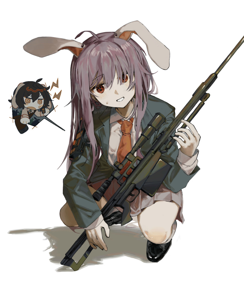 2girls anger_vein angry animal_ears black_footwear black_jacket blazer chibi chibi_inset collared_shirt enka_natori_umu full_body gloves grey_skirt gun hair_between_eyes highres holding holding_gun holding_weapon inaba_tewi jacket light_blush long_hair long_sleeves looking_to_the_side multiple_girls necktie open_clothes open_jacket pleated_skirt purple_hair rabbit_ears red_eyes red_necktie reisen_udongein_inaba rifle scope shadow shirt shoes simple_background skirt small_sweatdrop smile sniper_rifle solo_focus squatting sweatdrop touhou twitter_username weapon white_background white_shirt