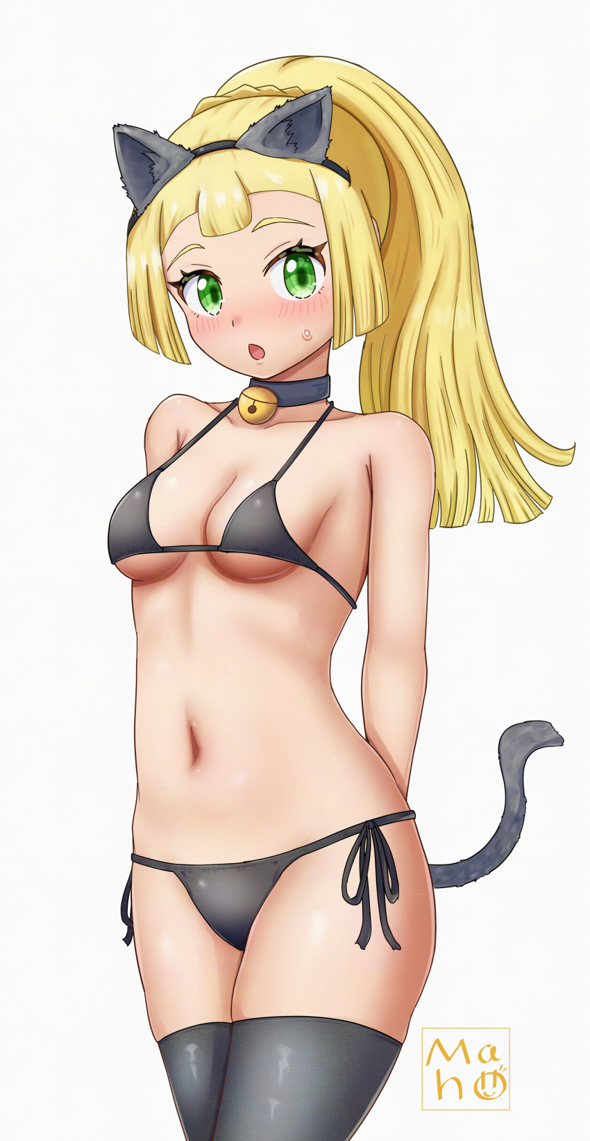 1girl :o absurdres alternate_costume animal_ears bell bikini blonde_hair breasts cat_ears cat_tail collarbone commentary_request cowboy_shot creatures_(company) eyelashes fake_animal_ears fake_tail game_freak green_eyes hairband high_ponytail highres lillie_(pokemon) long_hair looking_at_viewer maho_(corotonton5150) navel neck_bell nintendo open_mouth pokemon pokemon_sm ponytail signature solo swimsuit tail thighhighs white_background