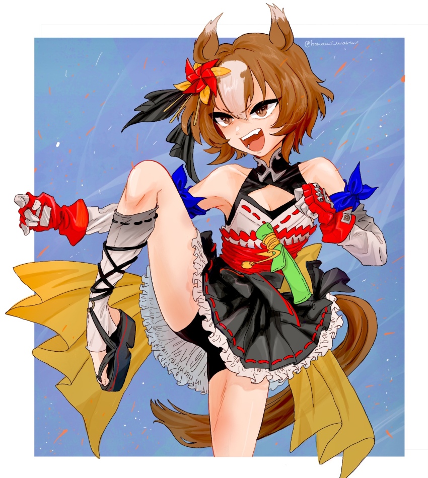 1girl animal_ears bare_shoulders bike_shorts black_skirt breasts brown_eyes brown_hair cleavage cleavage_cutout clenched_hand clothing_cutout detached_sleeves dress fangs gloves highres horse_ears horse_girl horse_tail inaho_soji multicolored_hair open_mouth petticoat pinwheel_hair_ornament platform_footwear red_gloves sandals sash short_dress short_hair skirt sleeveless sleeveless_dress smile socks solo standing standing_on_one_leg stirrup_legwear streaked_hair tail toeless_legwear twitter_username umamusume white_socks yaeno_muteki_(umamusume)