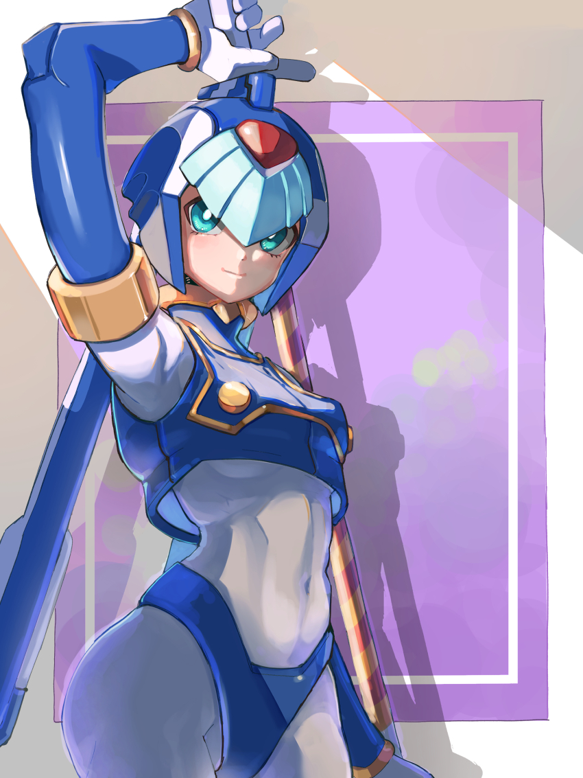 1girl absurdres arm_up armor blue_armor blue_eyes blue_helmet breasts cowboy_shot fairy_leviathan_(mega_man) fins forehead_jewel head_fins helmet highres holding holding_polearm holding_weapon medium_breasts mega_man_(series) mega_man_zero_(series) omochi_(mochi_skymega) polearm purple_background smile solo weapon white_background