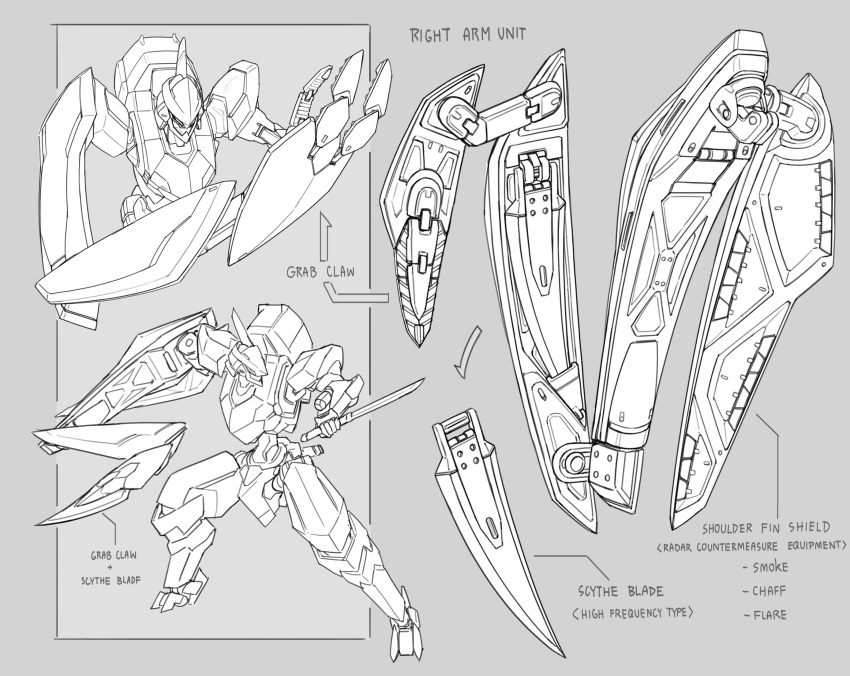 absurdres armor character_sheet claws commentary dynamic_pose english_commentary english_text fighting_stance grappling_hook highres holding holding_sword holding_weapon mecha mecha_focus no_humans original reverse_grip robot science_fiction scythe sheath shield short_sword shoulder_armor sword tantou weapon zen_(jirakun)