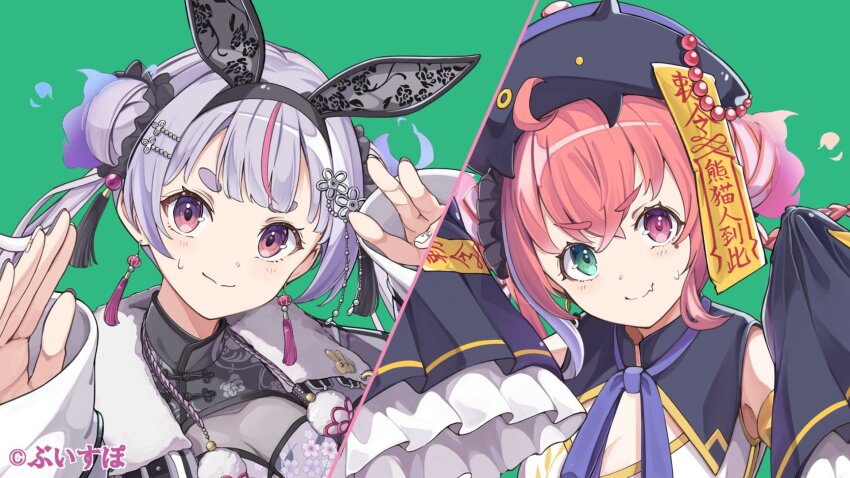 2girls ahoge anbasa_(amaneyuz13) animal_ear_hairband animal_ears blunt_bangs bow braid chinese_clothes crossed_bangs double_bun earrings fake_animal_ears frilled_sleeves frills fur_collar green_background green_eyes grey_hair hair_between_eyes hair_bow hair_bun hairband hao_(vocaloid) hat heterochromia highres jewelry jiangshi jiangshi_costume long_sleeves looking_at_viewer multicolored_hair multicolored_nails multiple_girls multiple_hair_bows nijisanji ofuda ofuda_on_head parted_bangs pink_eyes pink_hair pom_pom_(clothes) sasaki_saku sasaki_saku_(5th_costume) streaked_hair sweatdrop tassel tassel_earrings thick_eyebrows tosaki_mimi tosaki_mimi_(6th_costume) virtual_youtuber vspo!