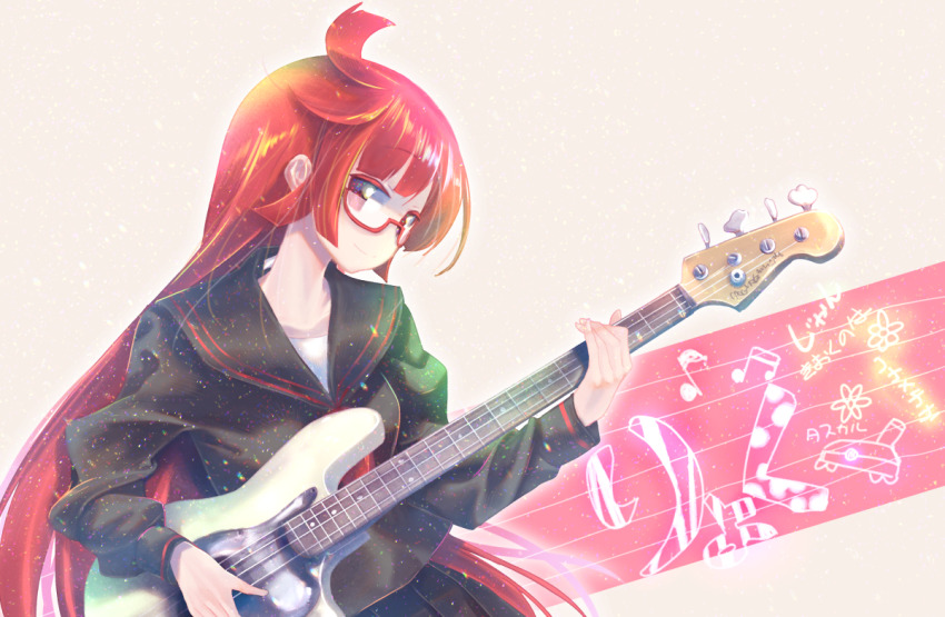 1girl ahoge beamed_eighth_notes black_serafuku black_shirt black_skirt closed_mouth commentary_request eighth_note female_focus glasses guitar instrument kemurikusa long_hair looking_at_viewer musical_note pleated_skirt red-framed_eyewear red_eyes red_hair ryoku_(kemurikusa) school_uniform semi-rimless_eyewear serafuku shiro_(kemurikusa) shirt skirt smile solo under-rim_eyewear usapenpen2019 very_long_hair