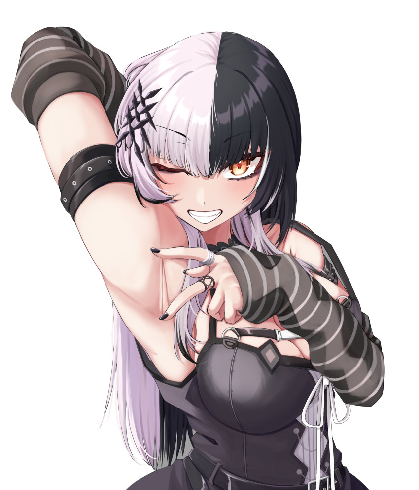 1girl absurdres arm_behind_head arm_strap arm_up arm_warmers armpit_focus armpits black_choker black_hair black_nails breasts choker cleavage dress fang fingernails grin hair_ornament hand_up highres hololive hololive_english jewelry lace lace_choker large_breasts long_hair looking_at_viewer mmneko multicolored_hair multiple_rings nail_polish pink_hair presenting_armpit ring shiori_novella shiori_novella_(1st_costume) smile solo split-color_hair spread_armpit striped_arm_warmers transparent_background two-tone_hair upper_body very_long_hair virtual_youtuber yellow_eyes