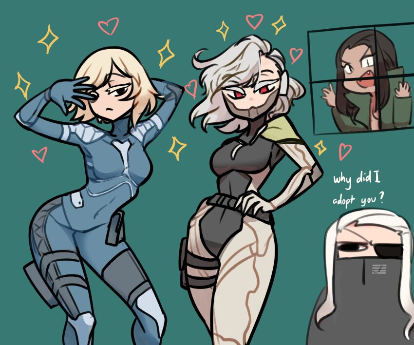 2boys 2girls black_hair blue_bodysuit bodysuit centurii-chan_(artist) character_request commentary cyborg english_commentary english_text eyepatch genderswap genderswap_(mtf) green_background hand_on_own_hip highres holster long_hair looking_at_viewer metal_gear_(series) metal_gear_solid_2:_sons_of_liberty metal_gear_solid_4:_guns_of_the_patriots multiple_boys multiple_girls open_mouth raiden_(metal_gear) red_eyes short_hair simple_background smile solidus_snake thigh_holster vamp_(metal_gear) white_hair