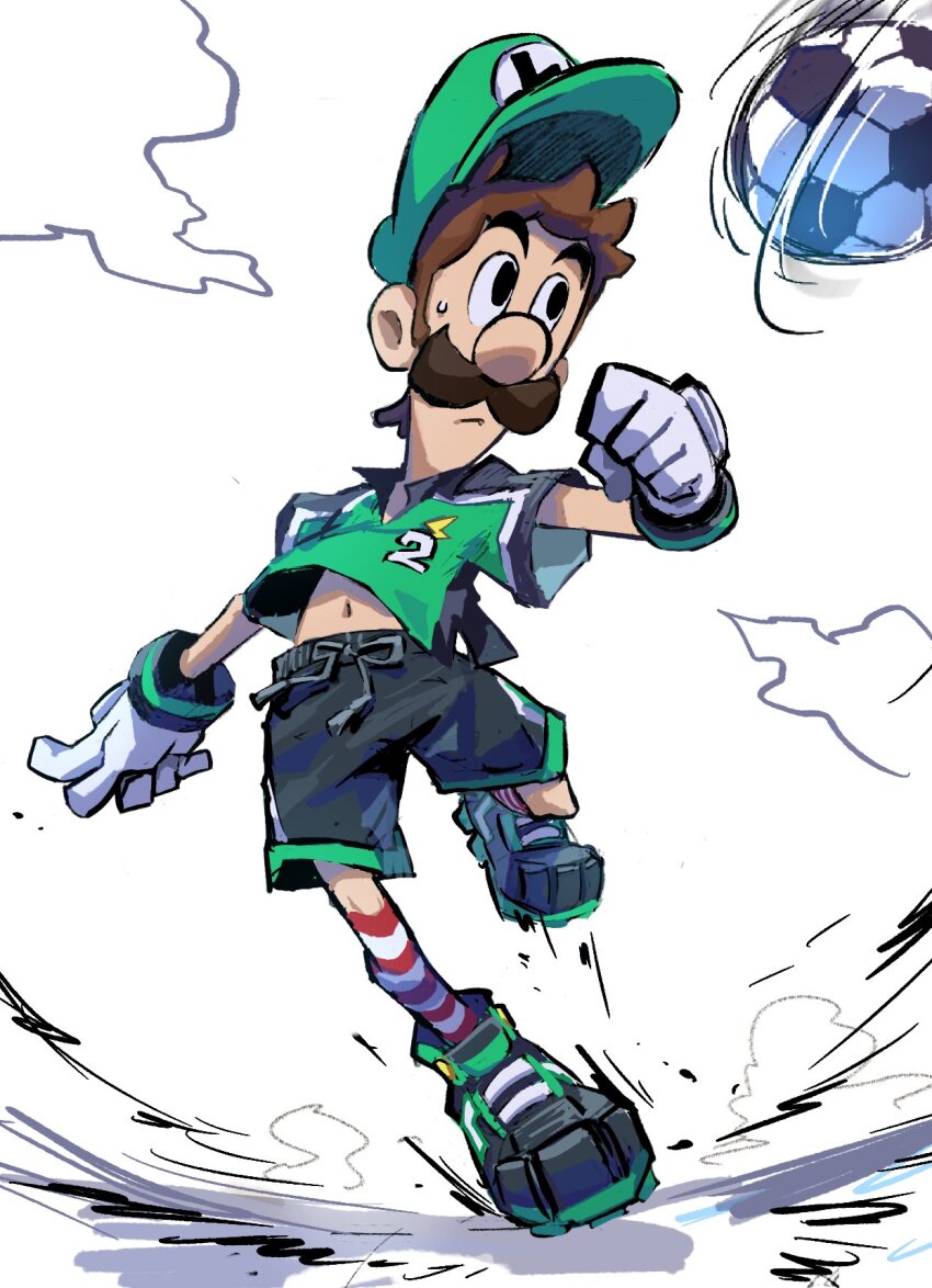 1boy ball black_shorts brown_hair facial_hair gloves green_hat green_shirt hat highres horizontal-striped_socks luigi male_focus mario_(series) mario_strikers_(series) mustache navel nintendo official_alternate_costume red_socks shirt shoes short_hair short_sleeves shorts simple_background soccer_ball soccer_uniform socks solo sportswear two-tone_socks white_background white_gloves white_socks ya_mari_6363