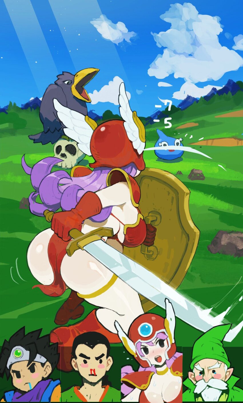 1girl armor ass boots breasts chimjoljol_(cute_goblin) cleavage dragon_quest dragon_quest_iii huge_ass loincloth slime_(dragon_quest) soldier_(dq3) sword weapon